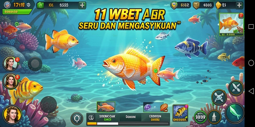 Screenshot gameplay 11WBET menampilkan aksi seru menembak ikan di bawah laut.