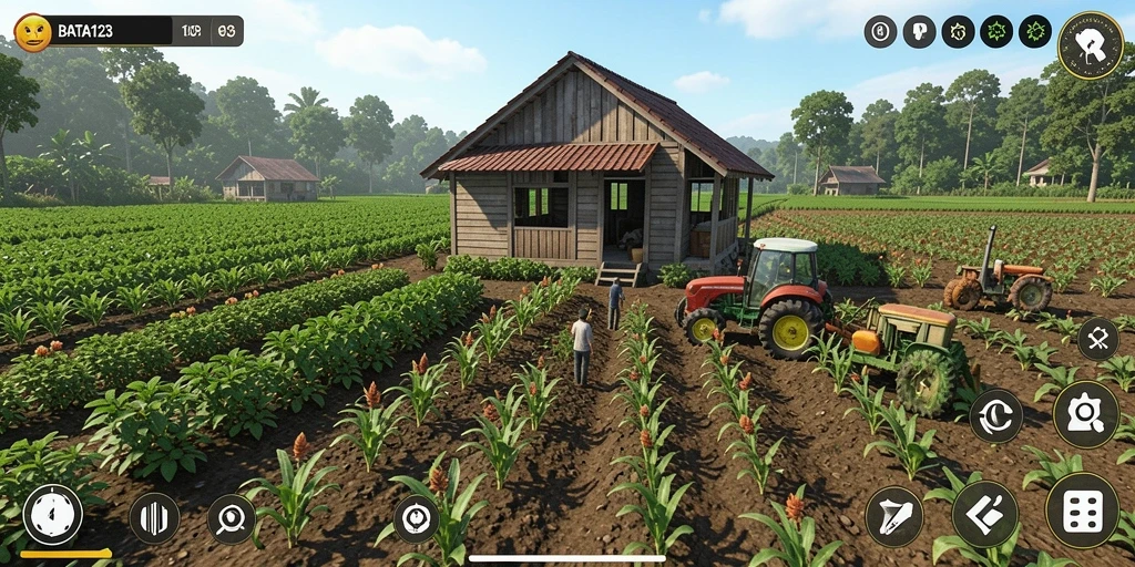 Tangkapan layar gameplay BATA123 menampilkan ladang yang subur dan tanaman yang berkembang.