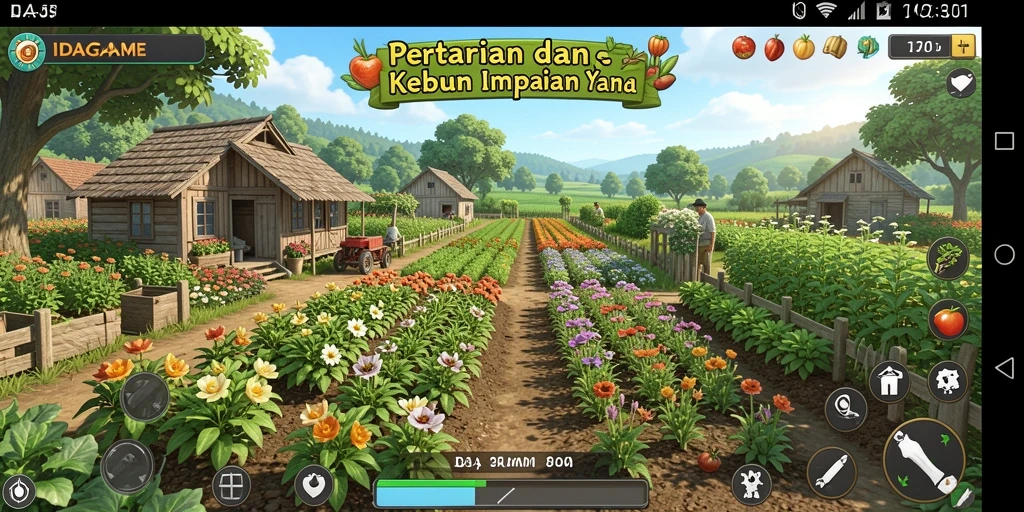 Screenshot utama IDAGAME yang menunjukkan aktivitas bertani di ladang.