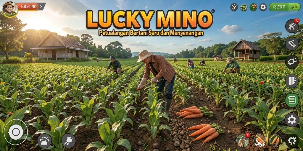 Tampilan seru gameplay LUCKYMINO saat mengelola ladang pertanian.