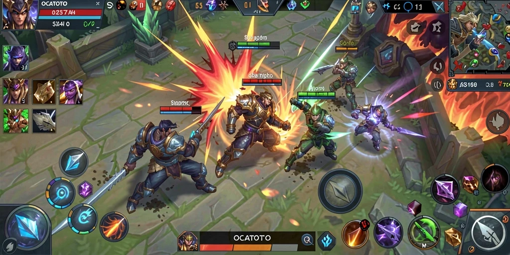 Tangkapan layar menampilkan pertarungan seru dalam game MOBA OCATOTO.
