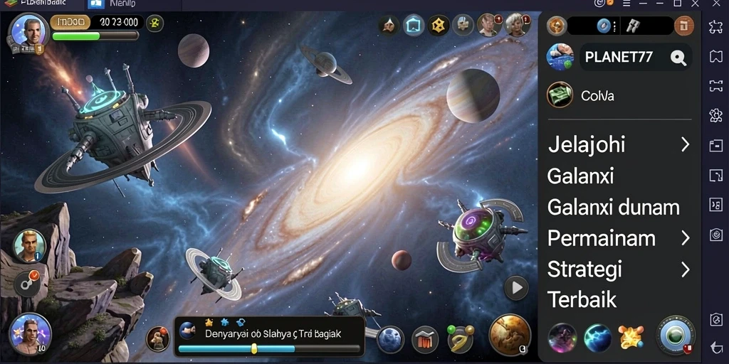 Tampilan gameplay intensif yang menampilkan strategi luar angkasa di PLANET77.