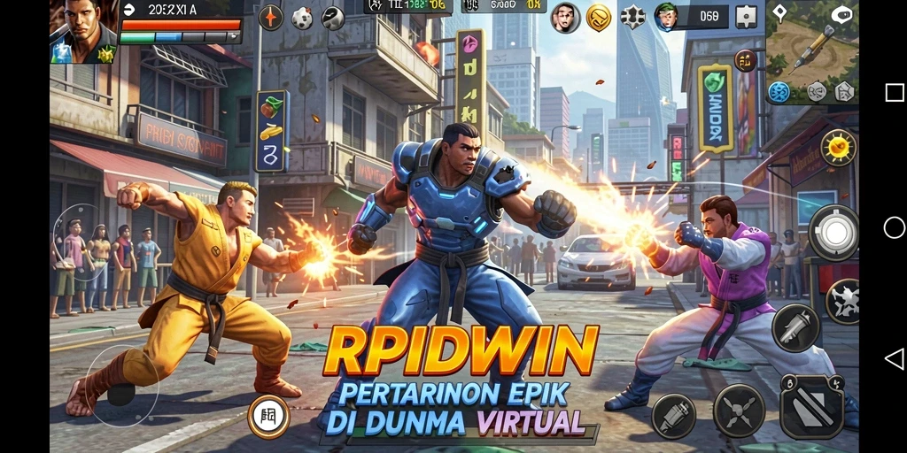 Screenshot RPIDWIN menampilkan pertarungan epik dengan karakter bertenaga.