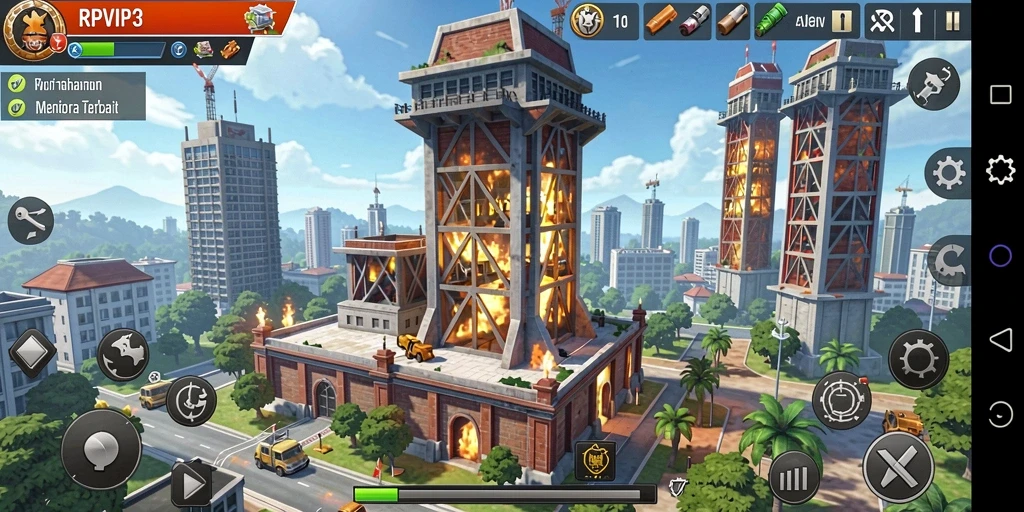 Screenshot utama RPVIP3 yang menunjukkan aksi pertahanan menara penuh semangat.