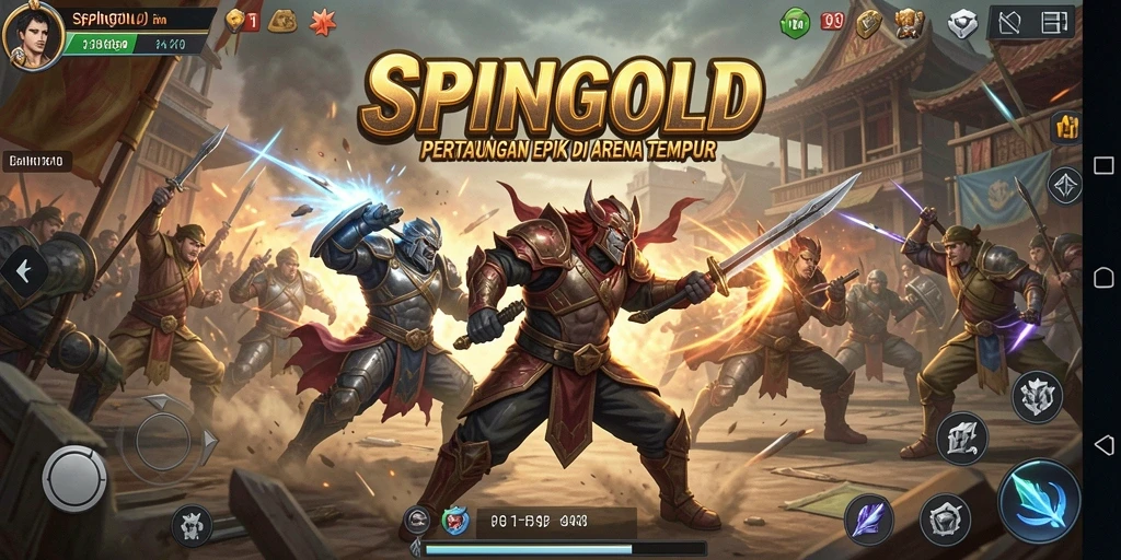 Tampilan gameplay SPINGOLD dengan pertarungan seru dan karakter yang beragam.