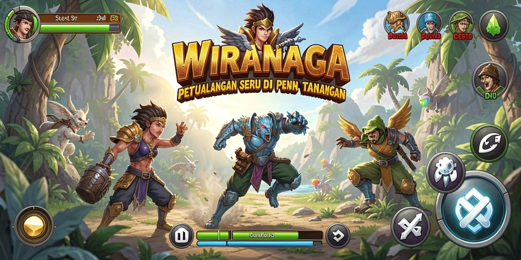 Tangkapan layar utama WIRANAGA yang menunjukkan aksi gameplay petualangan.